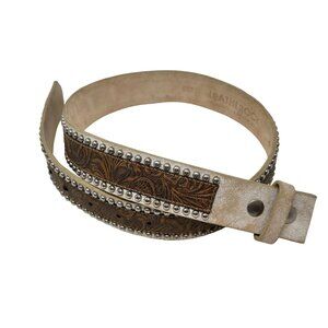 Leatherock Embossed Brown & Beige Floral Leather Belt With Silver Studded Accent